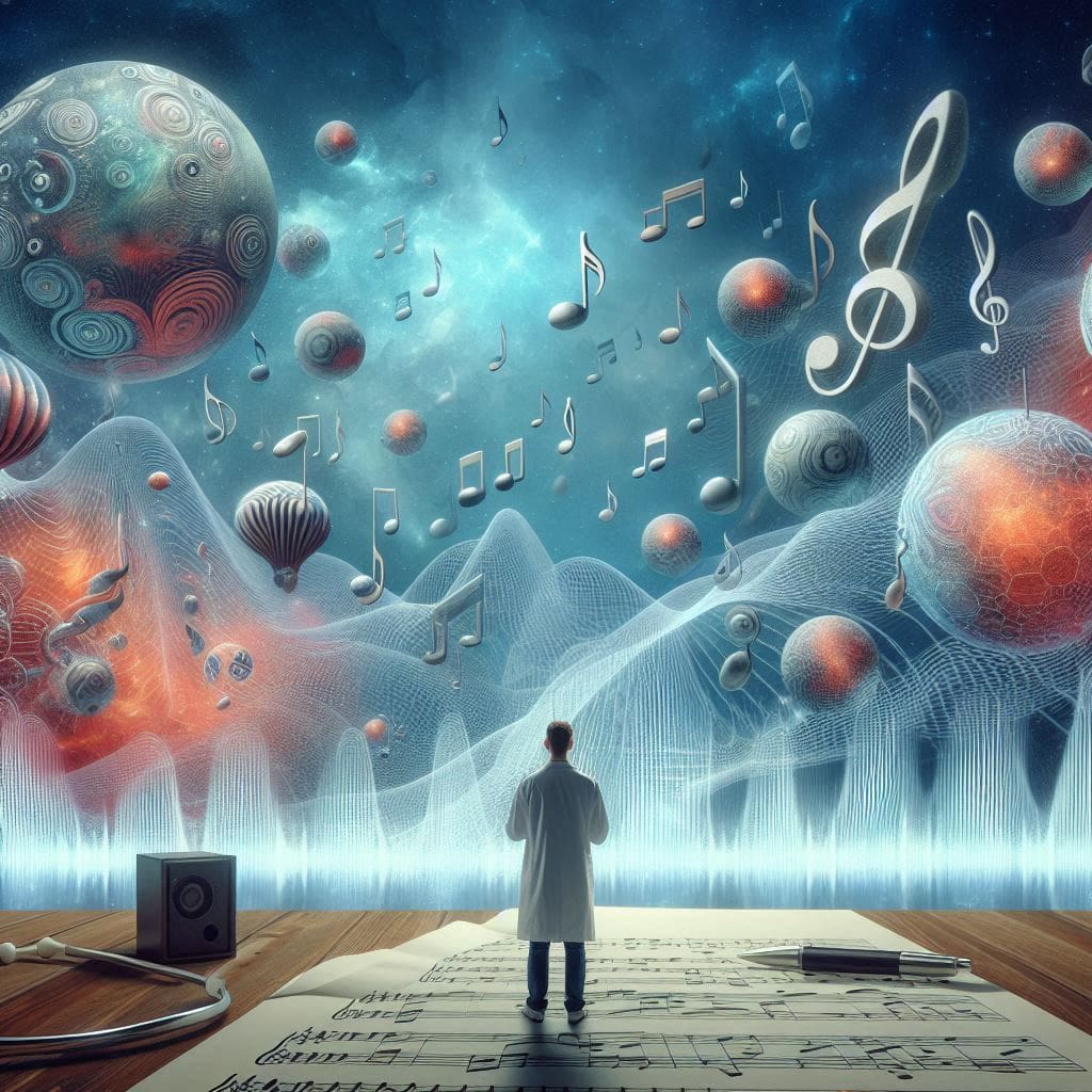 image depicting a man standing amid images of sound and abstract objects