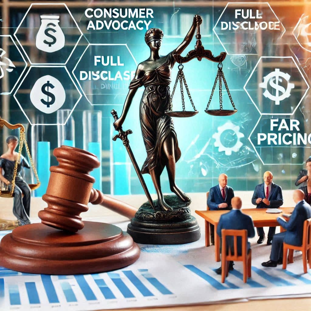 image of a statue of justice with weights in one hand and a sword in the other with a boardroom table to one side and a gavel to the other with consumer advocacy and money symbols in the background