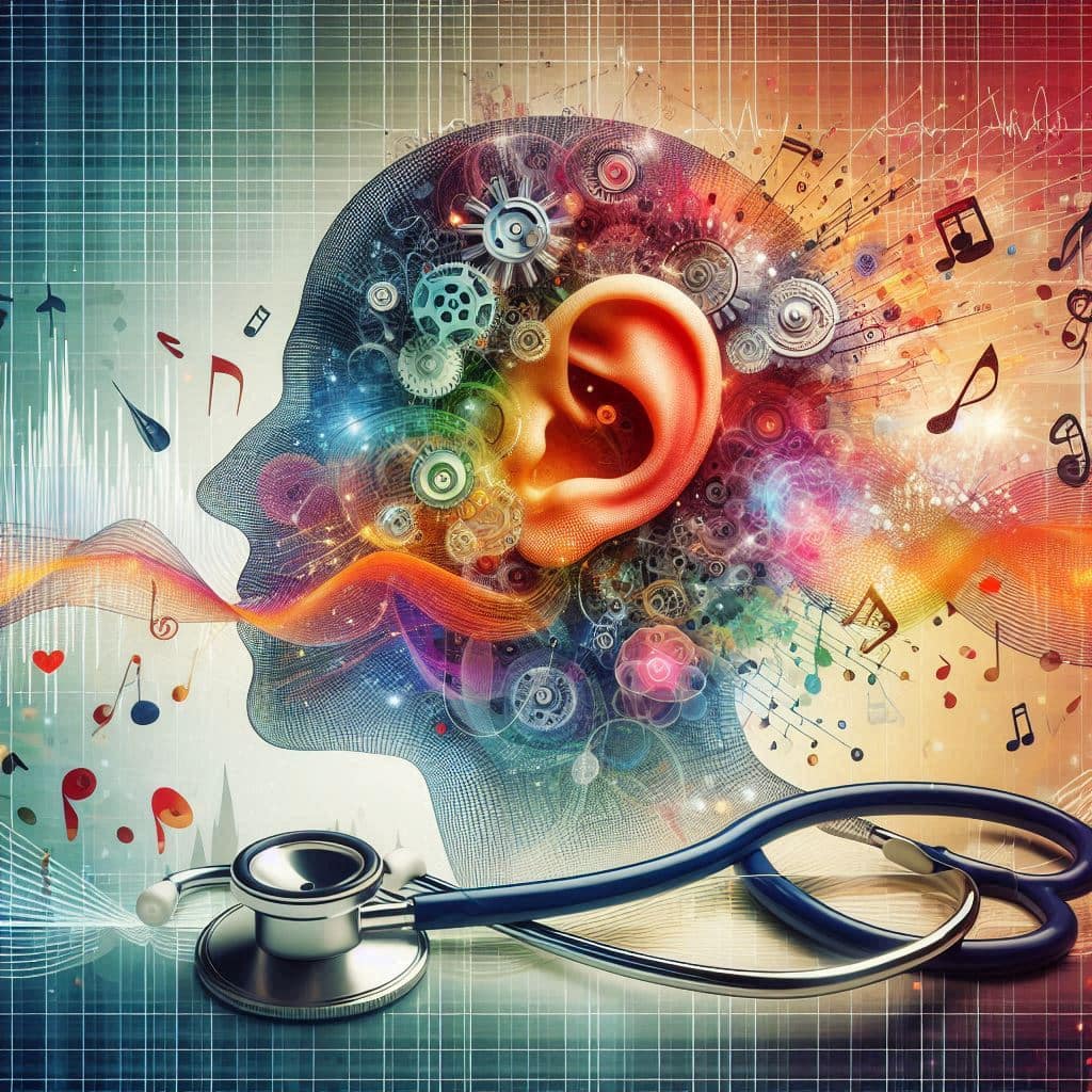 stylized ear on a head with sound images and a stethoscope