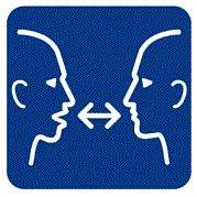 communication symbol of two faces, one speaking and an arrow between the two with two arrowheads, each pointing to one of the faces