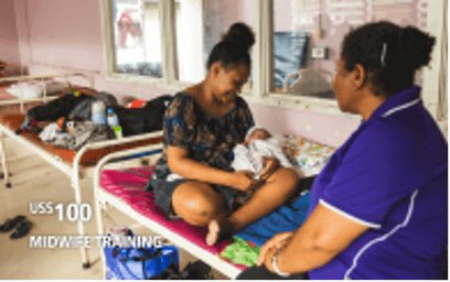 Picture of new mother and her baby and a midwife