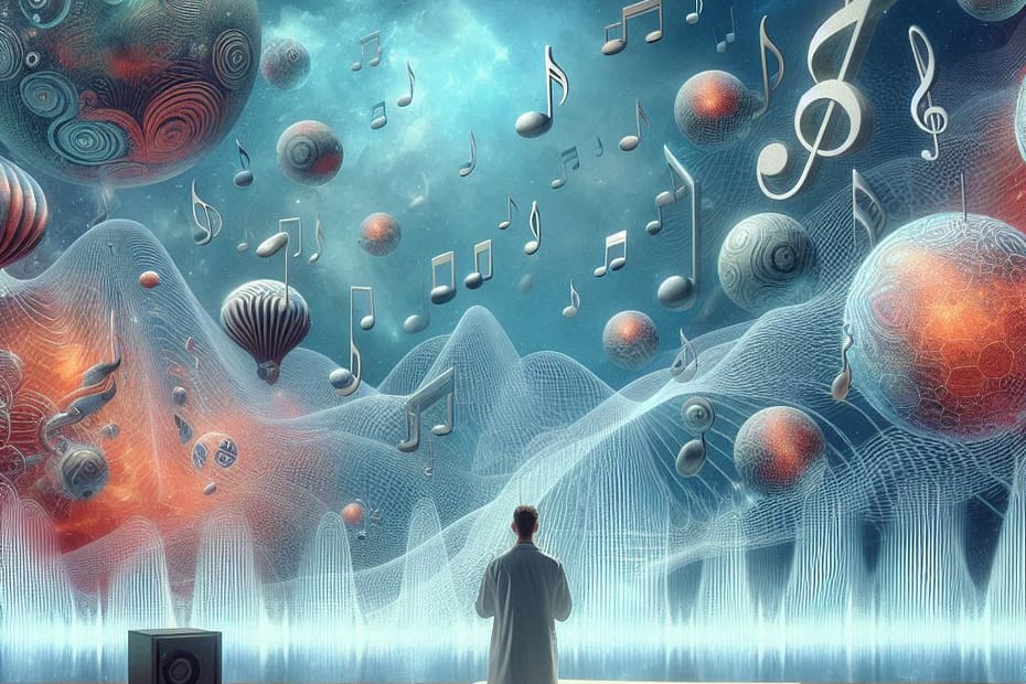 image depicting a man standing amid images of sound and abstract objects