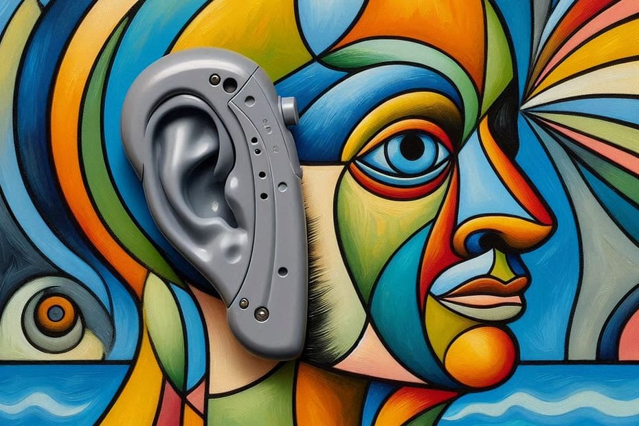 artists rendition of a stylized face wearing stylized hearing technology