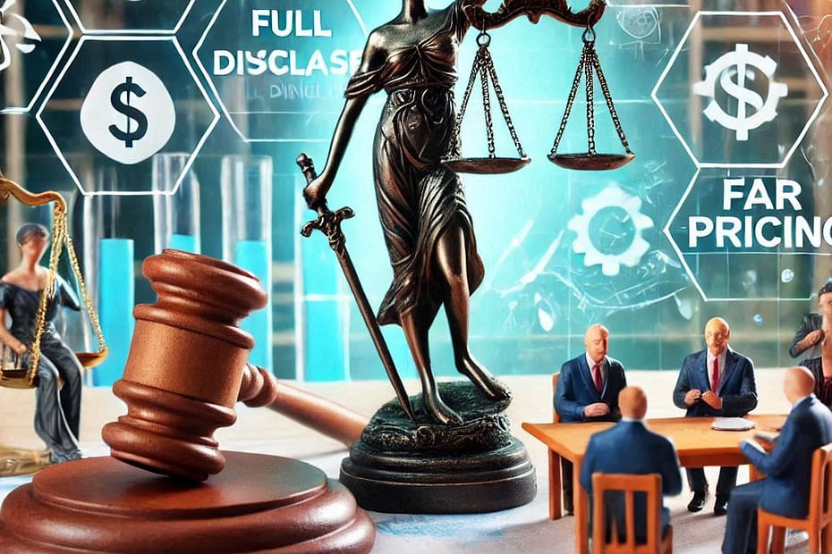 image of a statue of justice with weights in one hand and a sword in the other with a boardroom table to one side and a gavel to the other with consumer advocacy and money symbols in the background