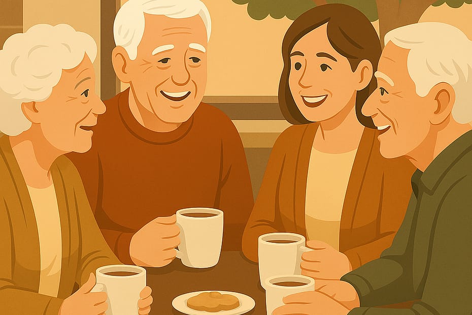 image of 4 older people having coffee together and smiling as they're communicating with each other