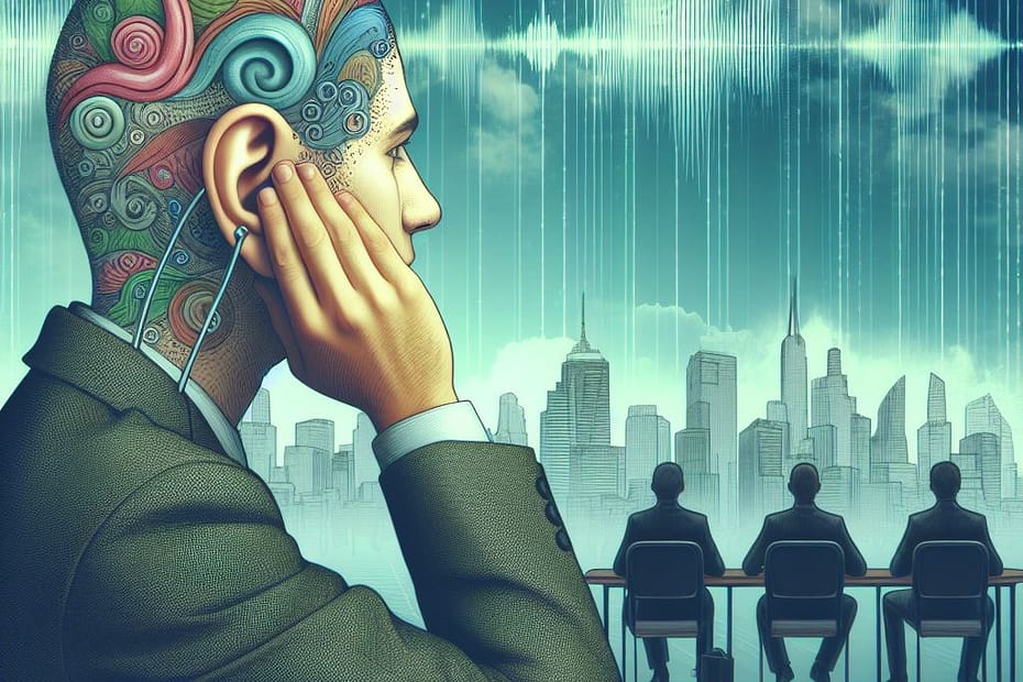 stylized image of man holding ear in meeting